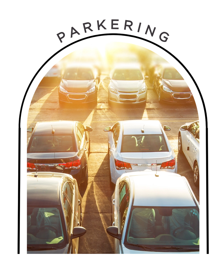 Bilden visar bilar uppställda på en parkering. Solen skiner lågt över dem och skapar reflektion i bilden..